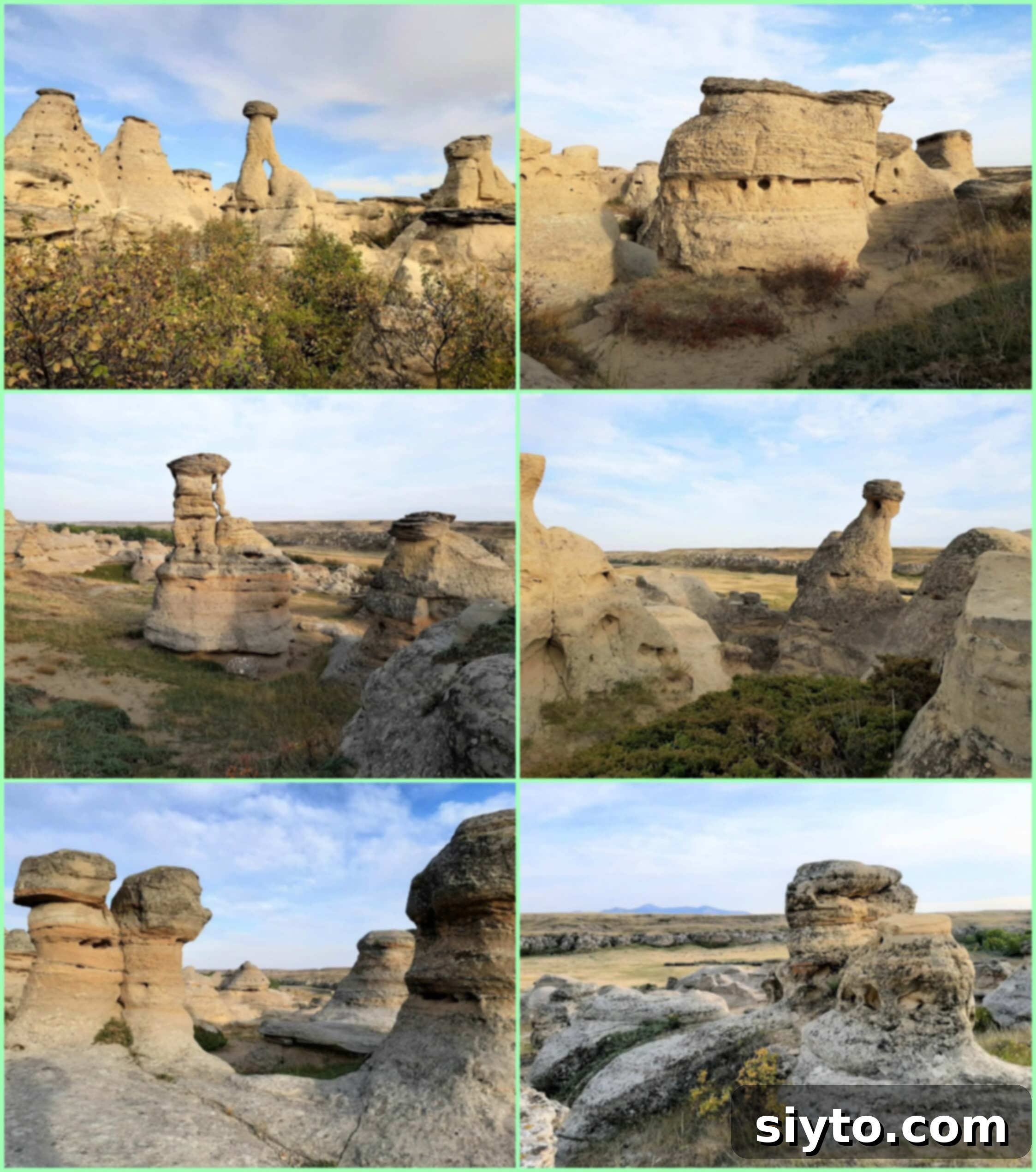A collage of six diverse photographs showcasing the myriad hoodoo formations and hidden crevices within Writing-on-Stone Provincial Park, highlighting ideal spots for exploration and play.
