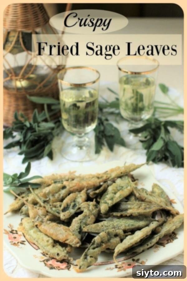 A vibrant banner image featuring a plate of golden Crispy Fried Sage Leaves, enticing viewers to save the recipe.