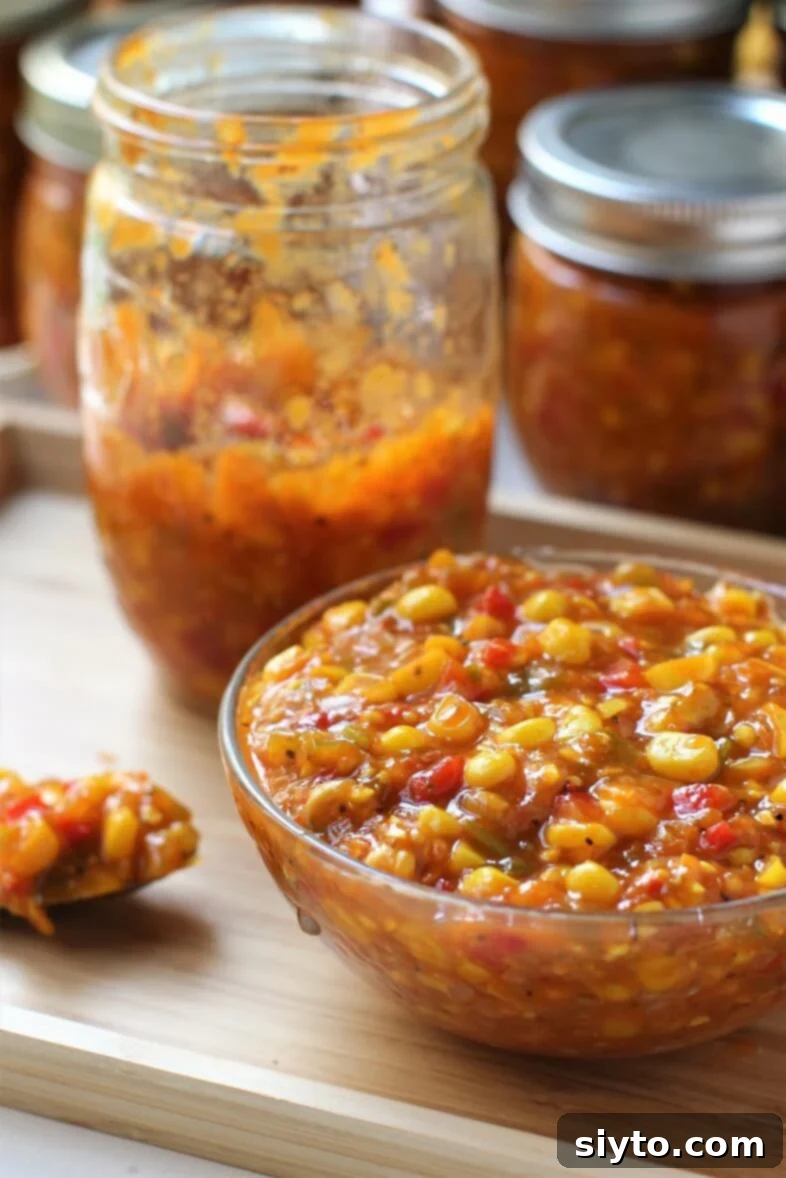 A beautifully presented bowl of homemade sweet corn relish next to a glass canning jar filled with relish, showcasing its vibrant colors and chunky texture.