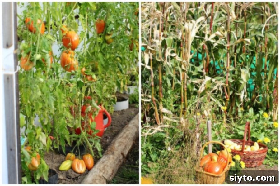 A vibrant diptych showing lush tomato plants thriving in a greenhouse on the left, and a field of tall corn stalks in the garden on the right, illustrating the abundant harvest.