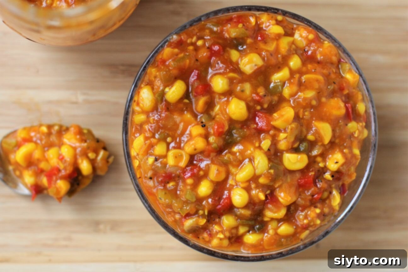 A top-down view of a rustic wooden board with a white bowl of vibrant sweet corn relish, a spoon laden with relish, and a canning jar in the background, highlighting its deliciousness and texture.