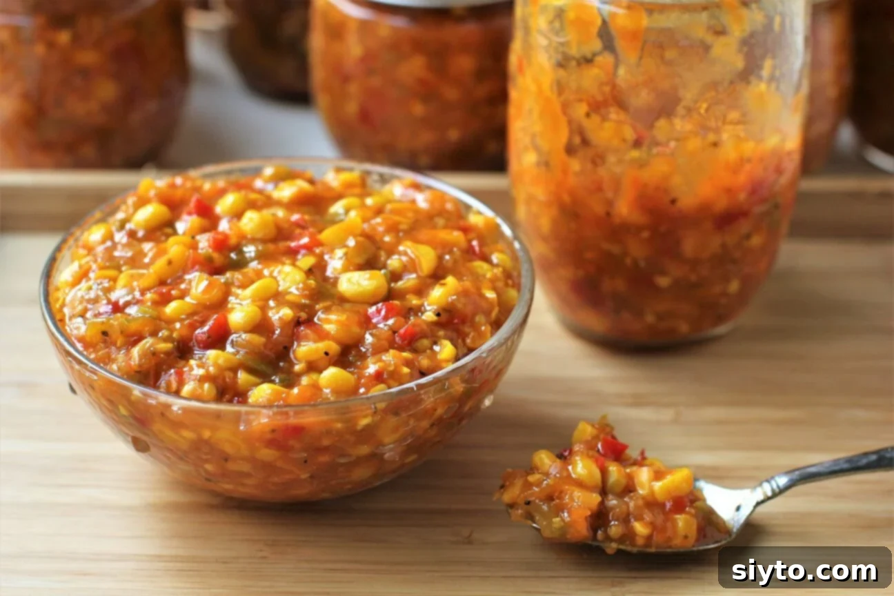 A close-up view of a large bowl brimming with freshly made sweet corn relish, placed on a rustic wooden board, emphasizing its enticing texture and vibrant colors.