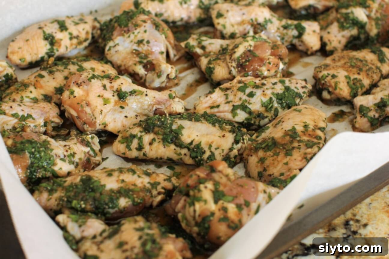marinated wings spread out in the pan ready for roasting