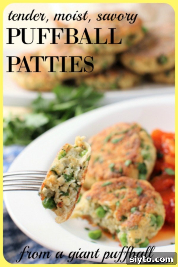 A close-up banner featuring a mouth-watering bite of a puffball patty on a fork, highlighting its texture.