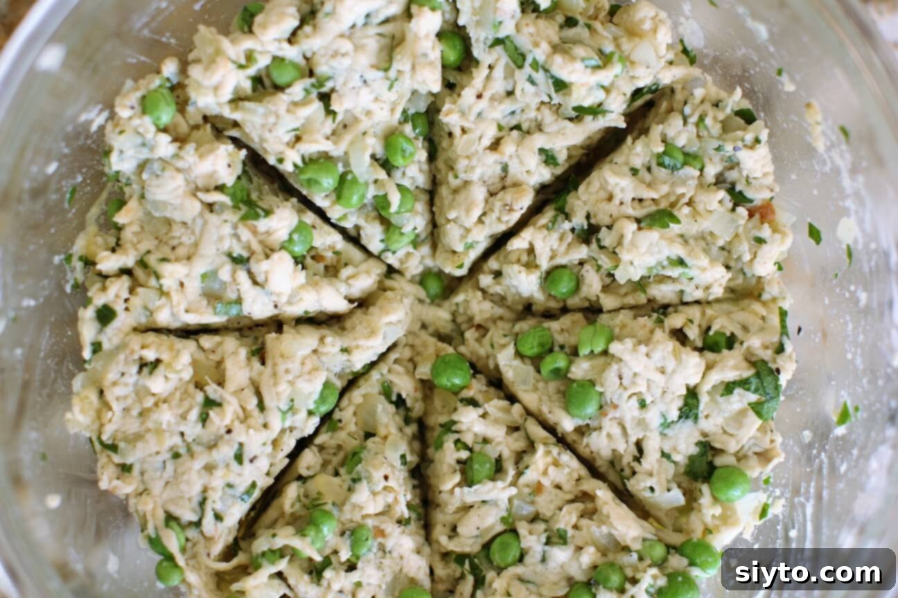 Puffball patty mixture divided into wedges in a bowl, ready to be shaped.