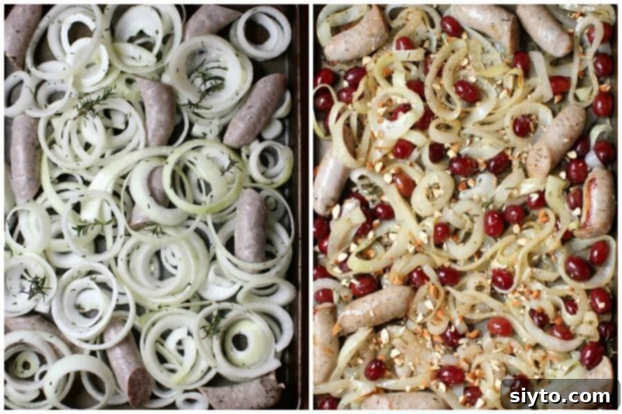 Two separate views of the dish: one showing onions and bratwurst ready for baking, and the other halfway through the roasting process.