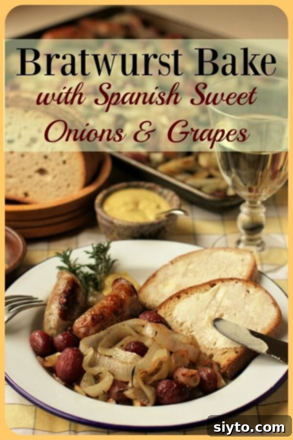 A vibrant banner for Sweet Onion Bratwurst Bake, enticing viewers with the promise of a delicious meal.