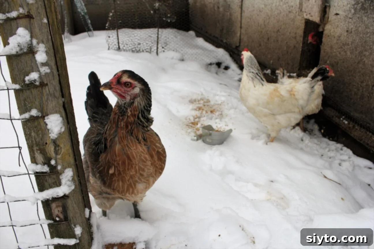 A pair of curious chickens venturing out into the snow, cautiously exploring their winter wonderland.