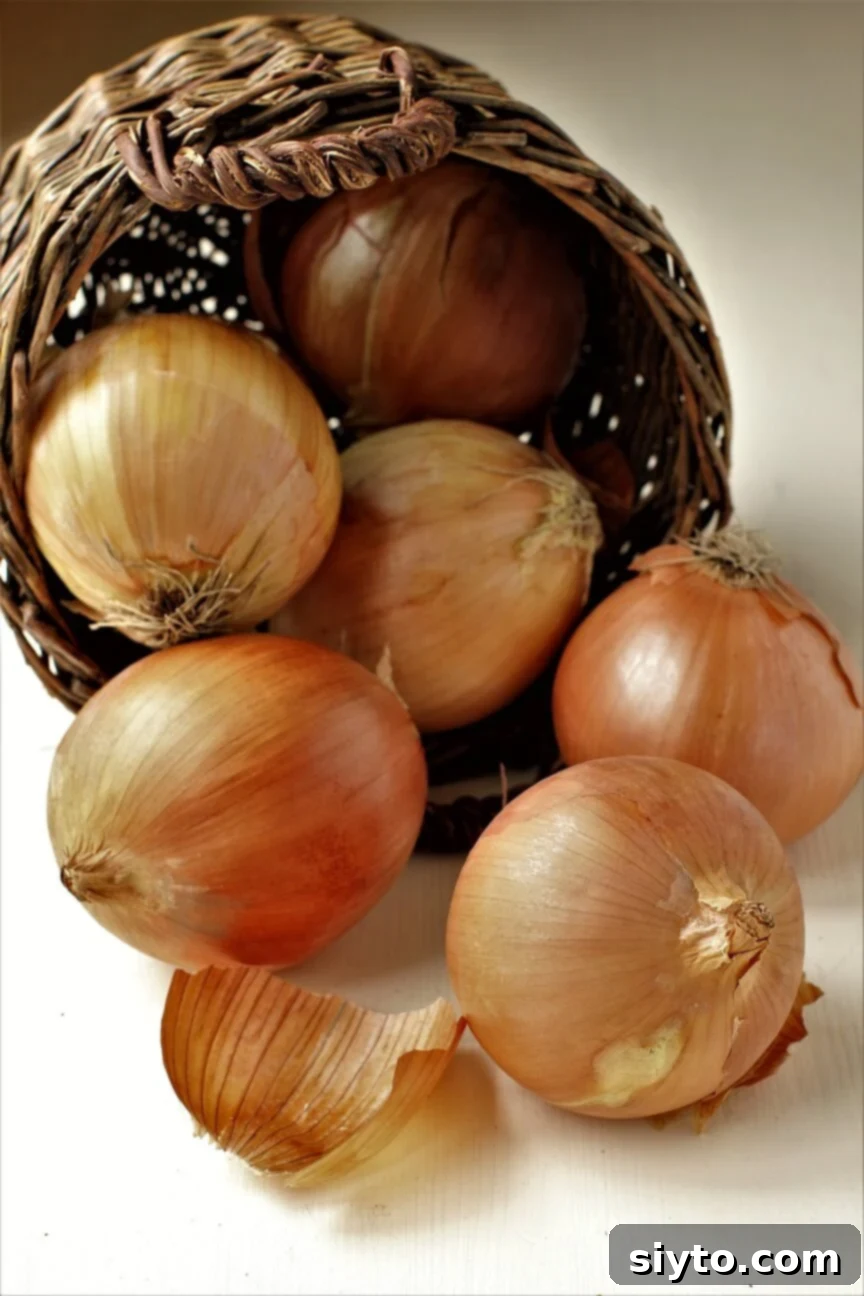 A charming basket of large, golden Spanish sweet onions, freshly tipped over on a rustic table, ready for cooking.