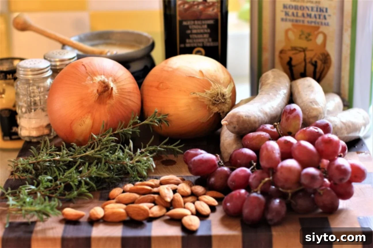 All the fresh ingredients meticulously laid out for the Sweet Onion Bratwurst Bake, promising a delicious culinary adventure.