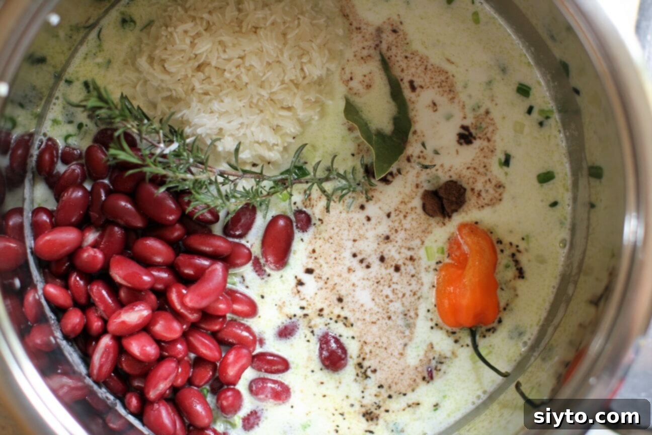 Ingredients for Jamaican Rice and Peas, including rice, red beans, coconut milk, and spices, gathered in a pot ready for cooking.