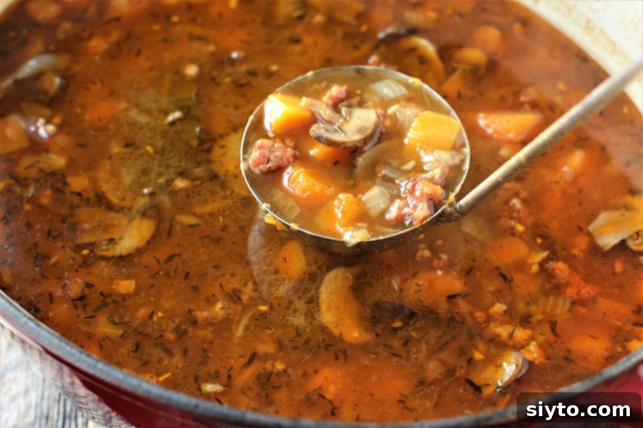 lifting a ladleful of butternut squash soup