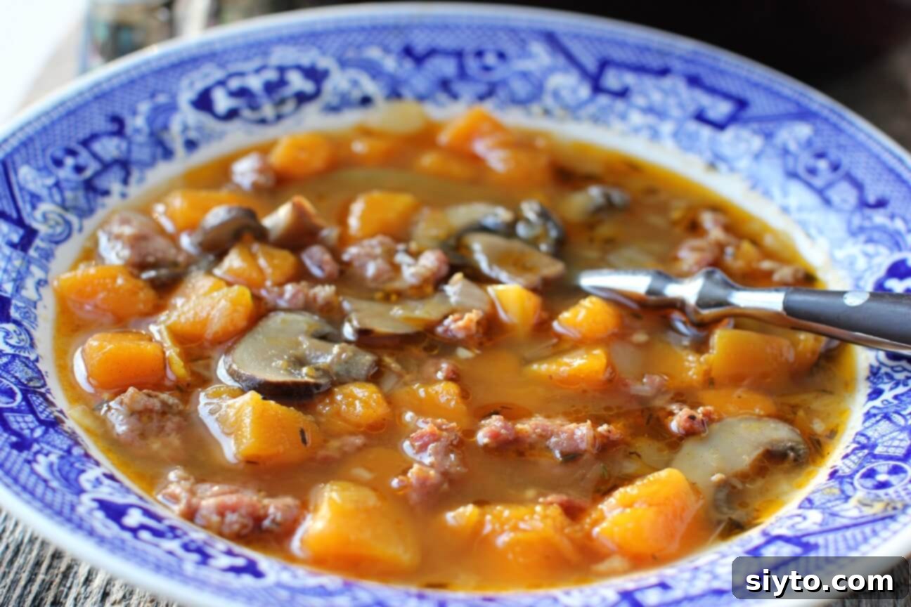 blue willow bowl of butternut squash soup - golden cubes, mushrooms, and sausage crumbles