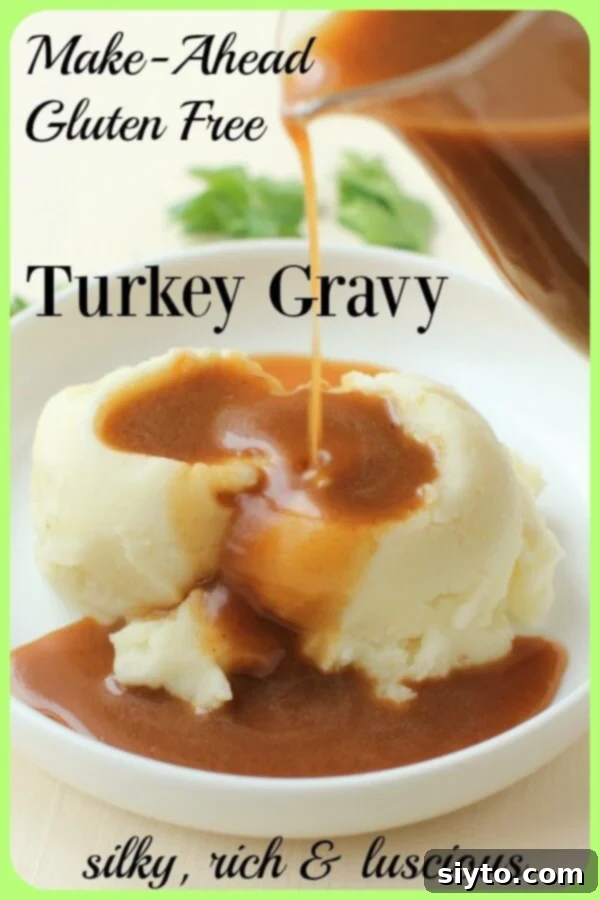 Pinterest banner for Make-Ahead Gluten-Free Turkey Gravy recipe, showcasing the delicious result.
