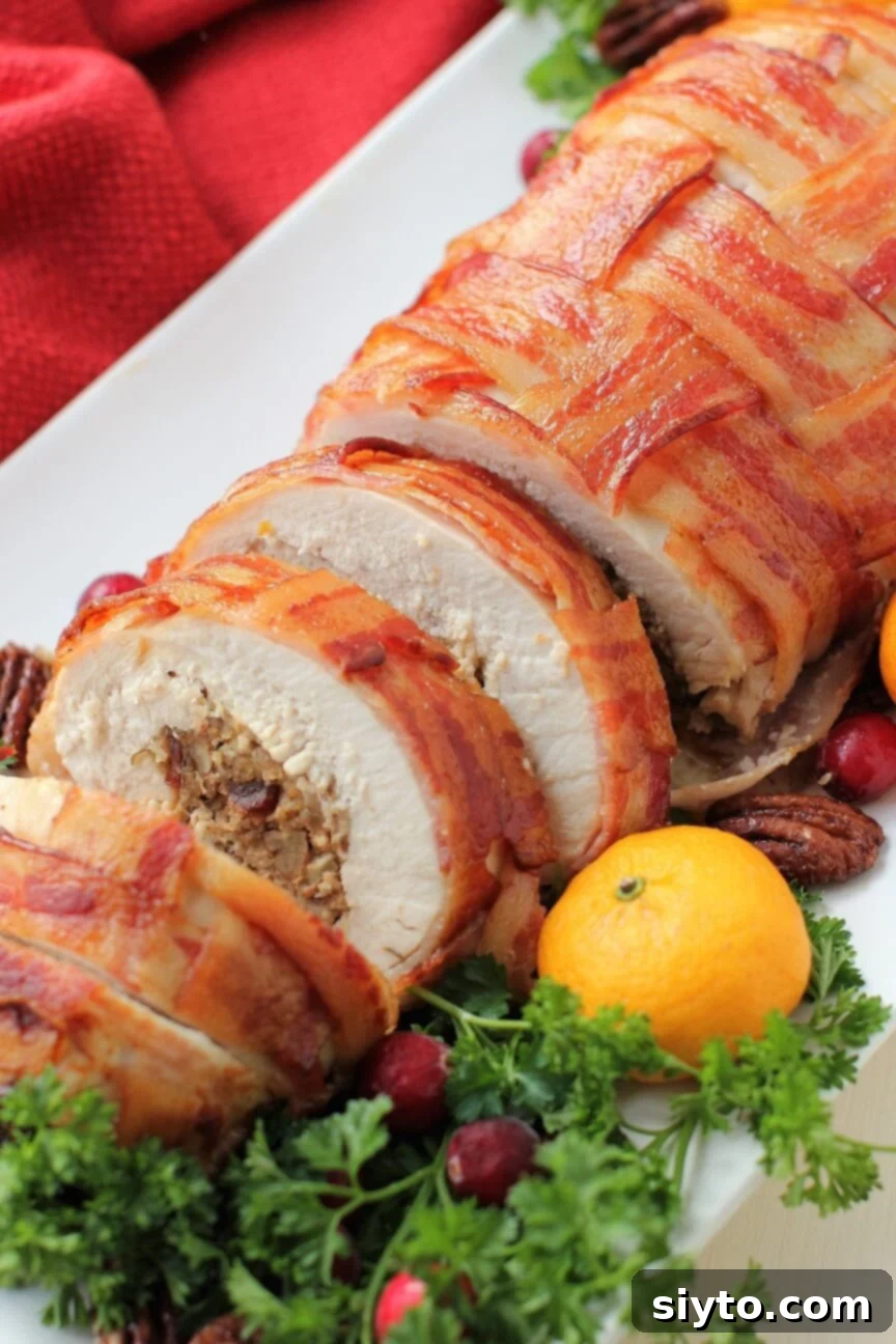 Savory Bacon Wrapped Stuffed Turkey Breast 2 stuffed turkey breast on the platter and partly sliced