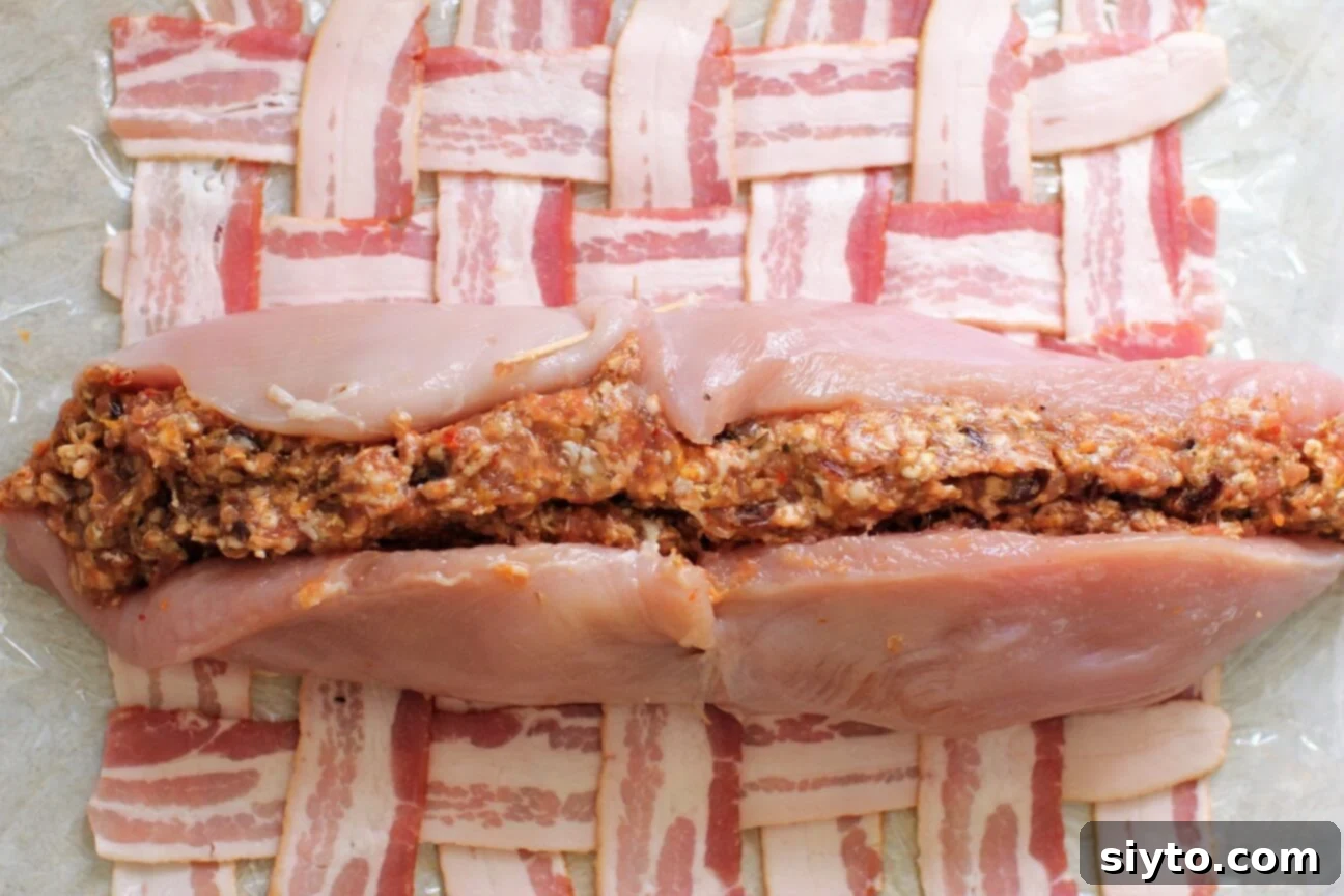 Savory Bacon Wrapped Stuffed Turkey Breast 11 the stuffed turkey breast placed seam side up on the bacon mat