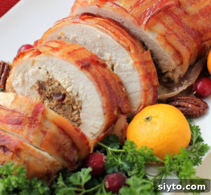 Savory Bacon Wrapped Stuffed Turkey Breast 15 slices of the rolled stuffed turkey breast