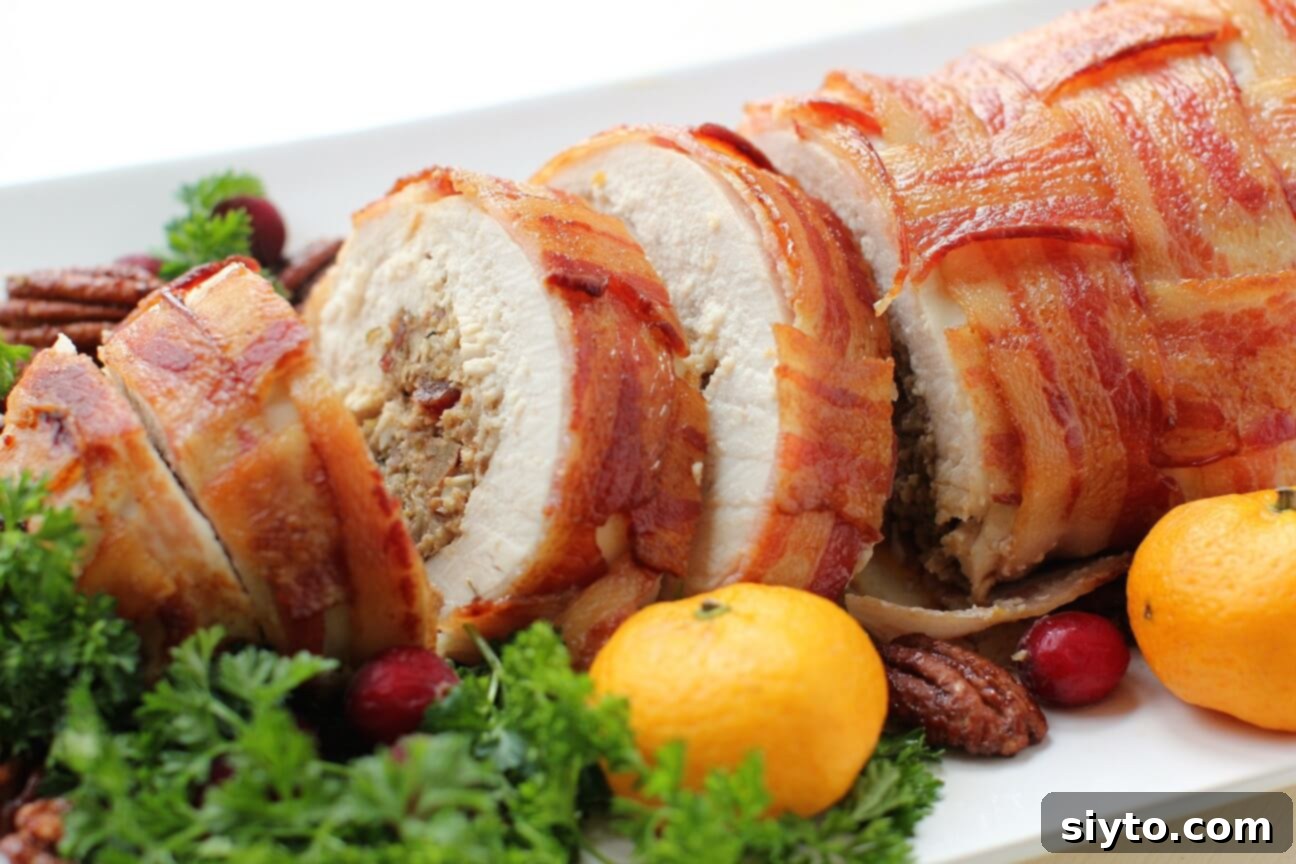Savory Bacon Wrapped Stuffed Turkey Breast 17 the rolled stuffed turkey breast in its bacon mantle, sliced up and decorated for dinner