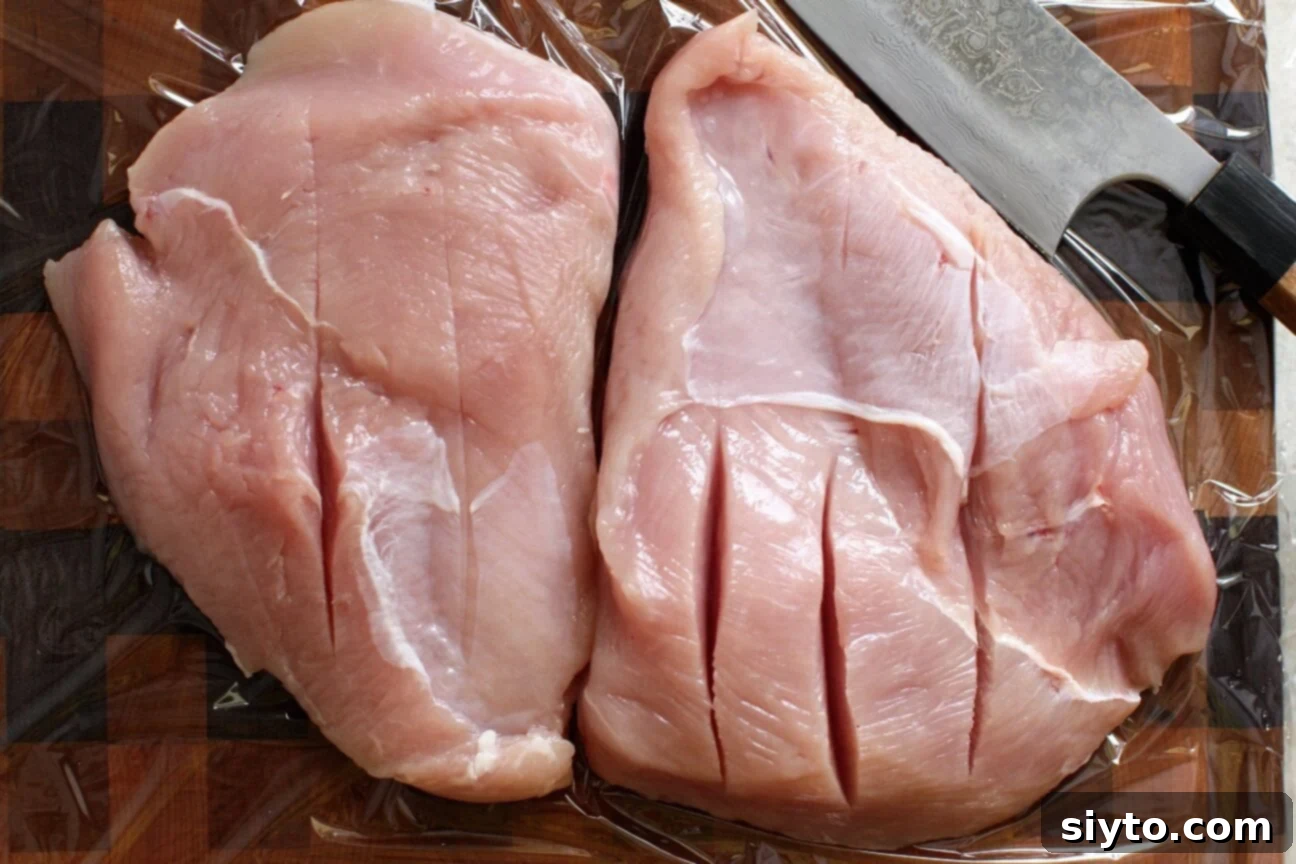 Savory Bacon Wrapped Stuffed Turkey Breast 3 gash the meat to make it easier to pound out