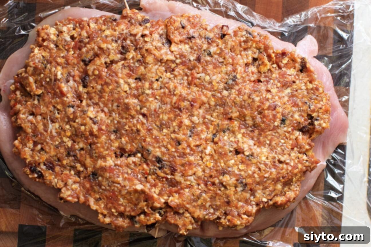Savory Bacon Wrapped Stuffed Turkey Breast 6 spread the sausage stuffing over the flattened breast