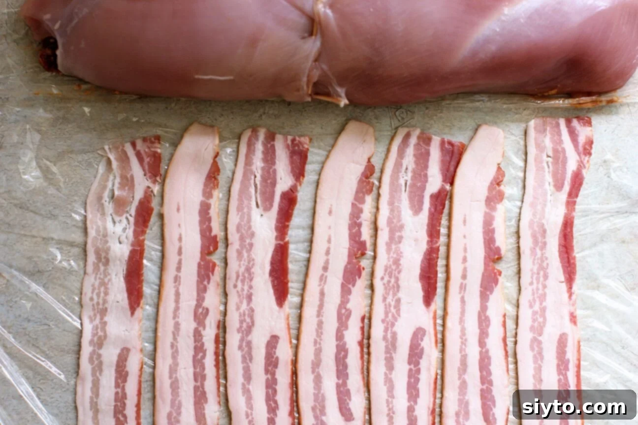 Savory Bacon Wrapped Stuffed Turkey Breast 7 1. lay down 7 strips of bacon