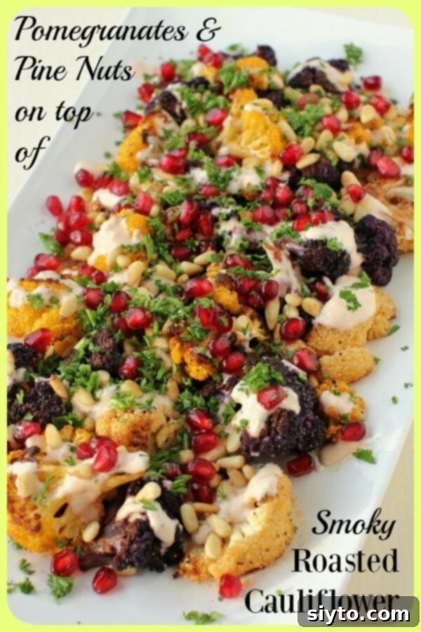 Alternate Pinterest banner image showcasing Roasted Rainbow Cauliflower with its vibrant jeweled topping, perfect for holiday menus.