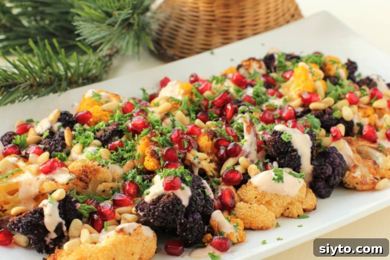 A company-ready dish of roasted cauliflower, richly adorned with a medley of colorful jeweled toppings, making it suitable for a festive spread.
