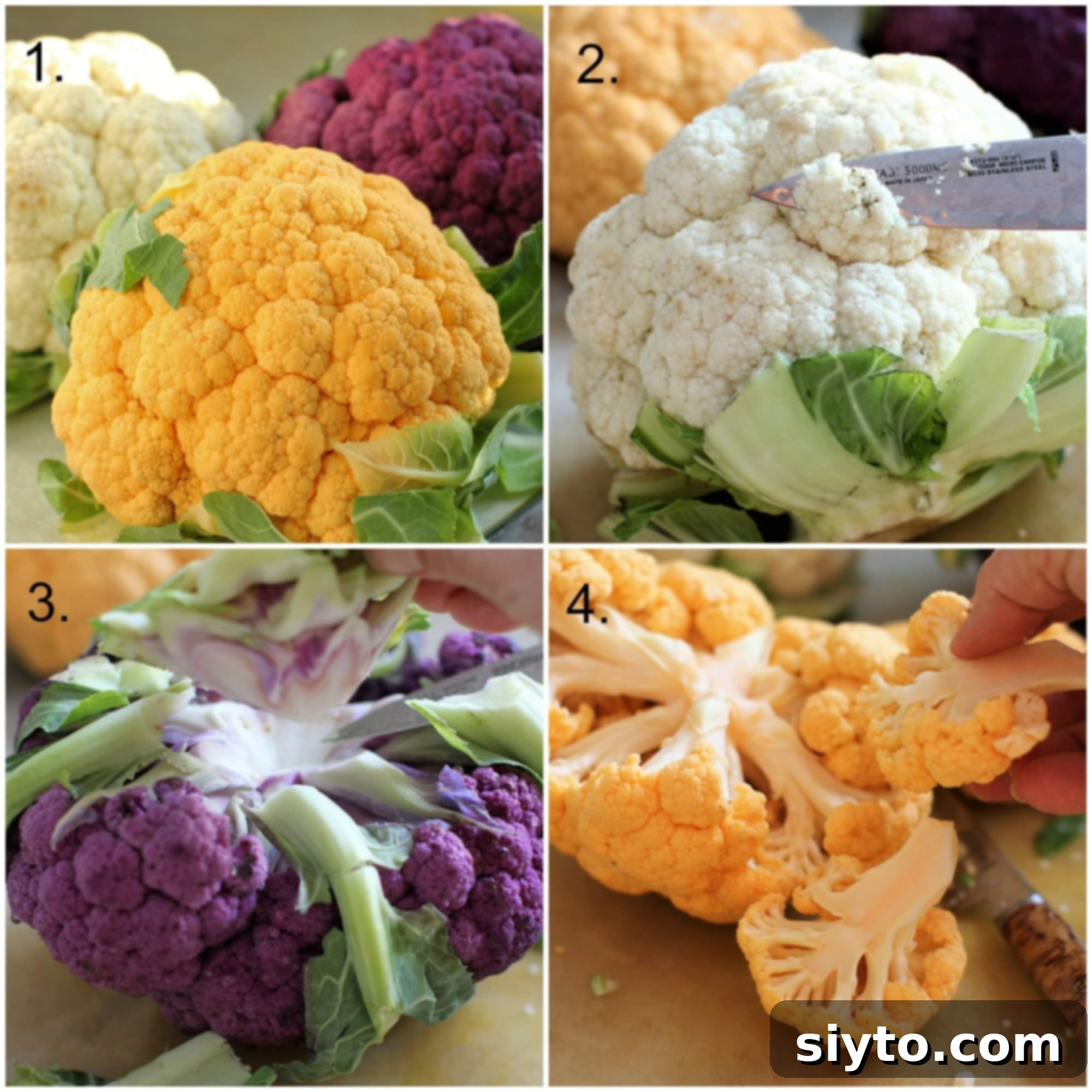 Four sequential stages of preparing cauliflower for roasting: 1. choosing cauliflower, 2. trimming blemishes, 3. removing the core, 4. breaking into florets.