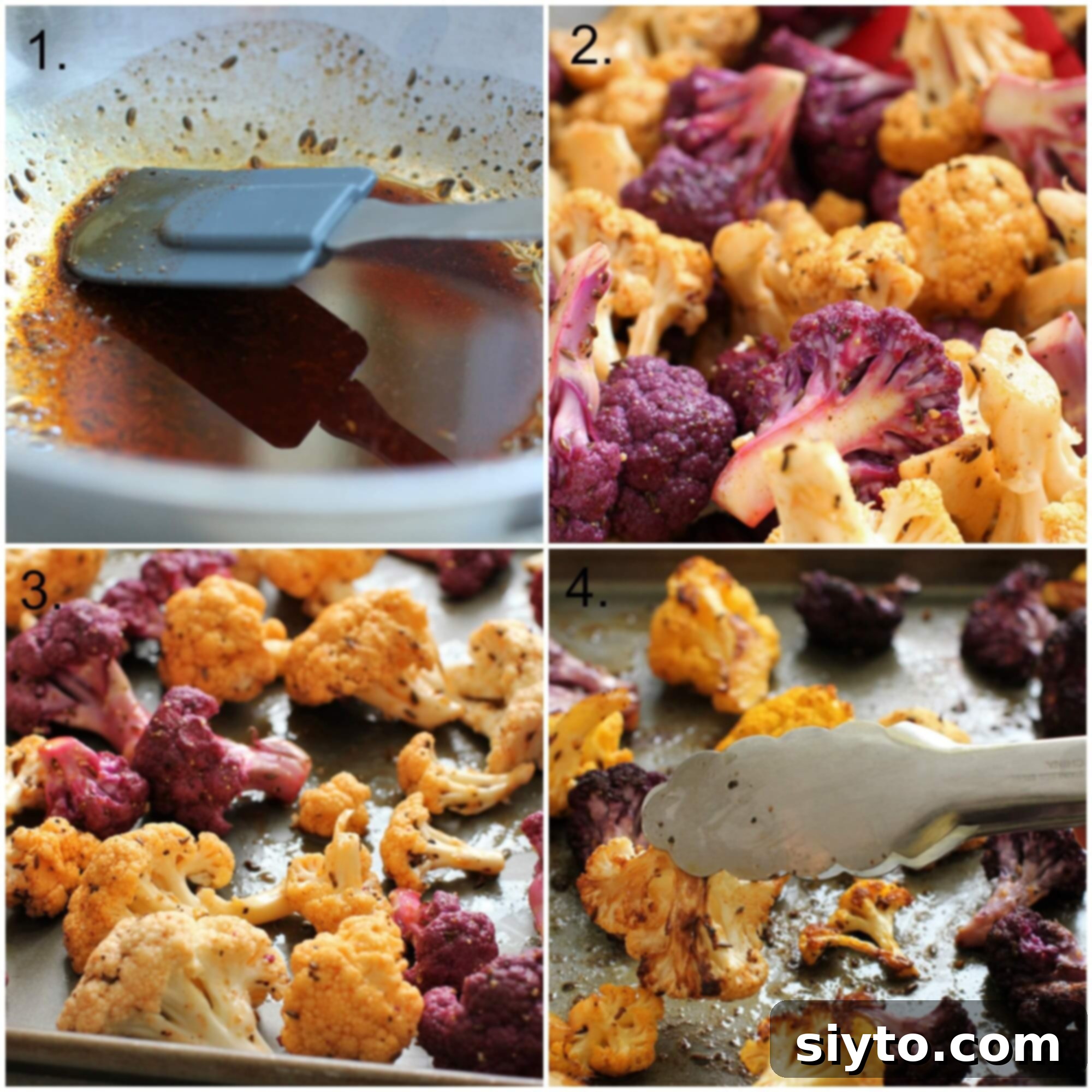 Four steps showing the seasoning and roasting process for cauliflower: 1. mixing oil and seasonings, 2. tossing with florets, 3. spreading on a baking sheet, 4. flipping during roasting.