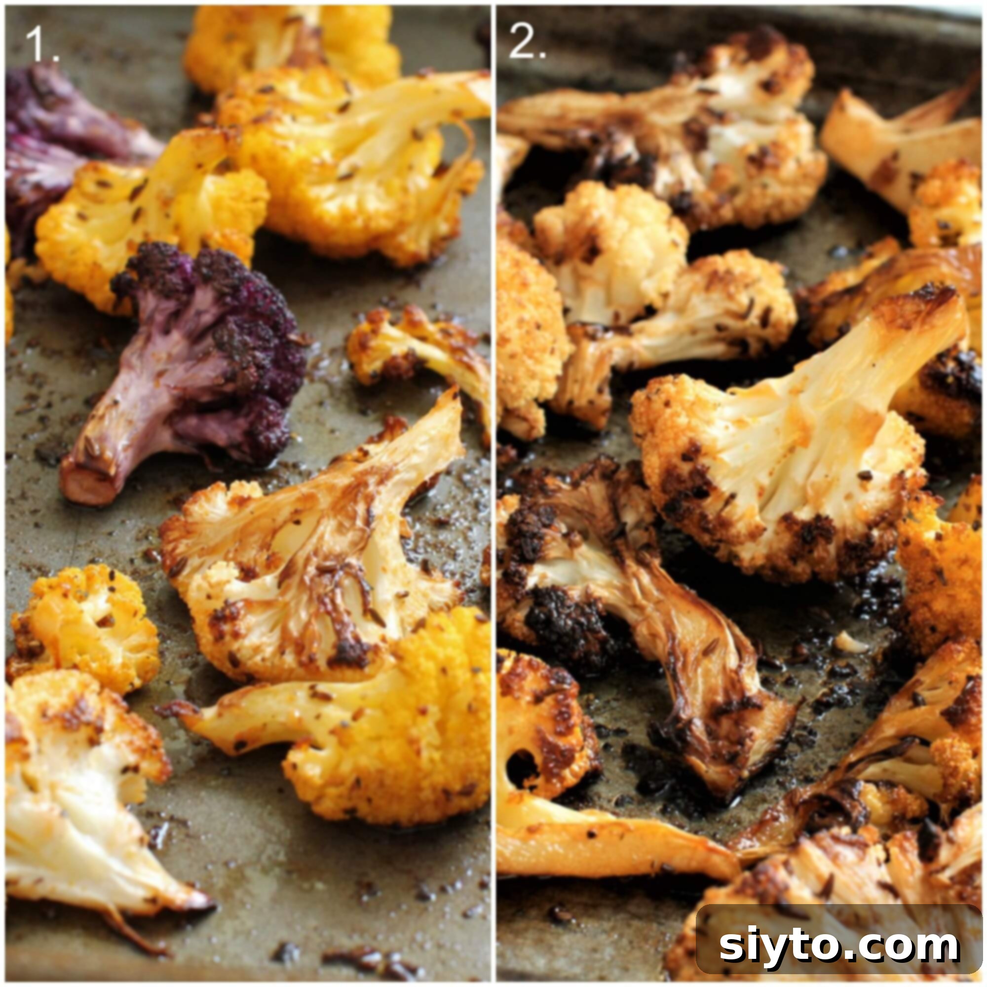 Two trays of freshly roasted cauliflower: one with vibrant multi-colored florets and another with classic white cauliflower, showing the delicious caramelization.