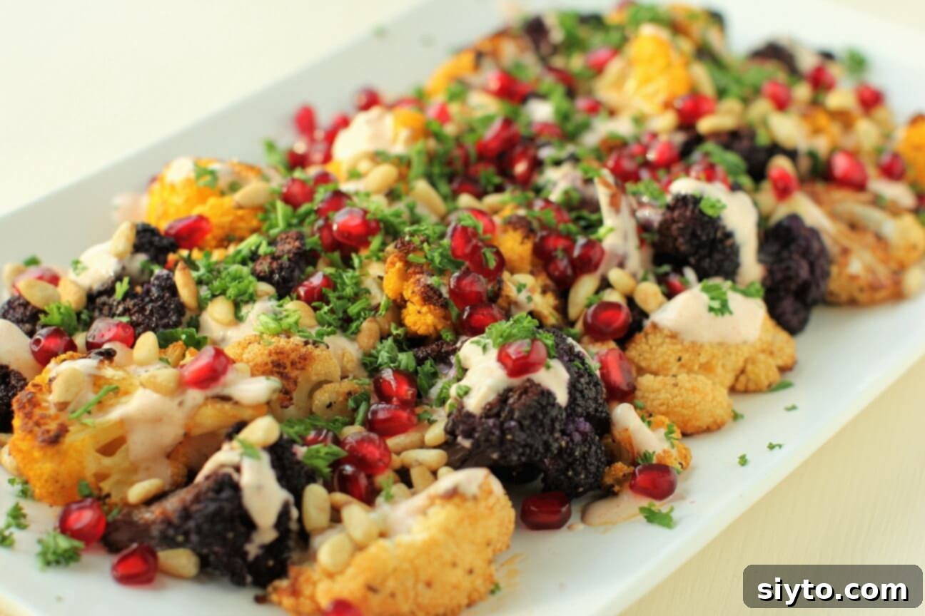 A beautifully arranged jeweled cauliflower platter, showcasing the colorful toppings against the roasted florets, ready for serving.