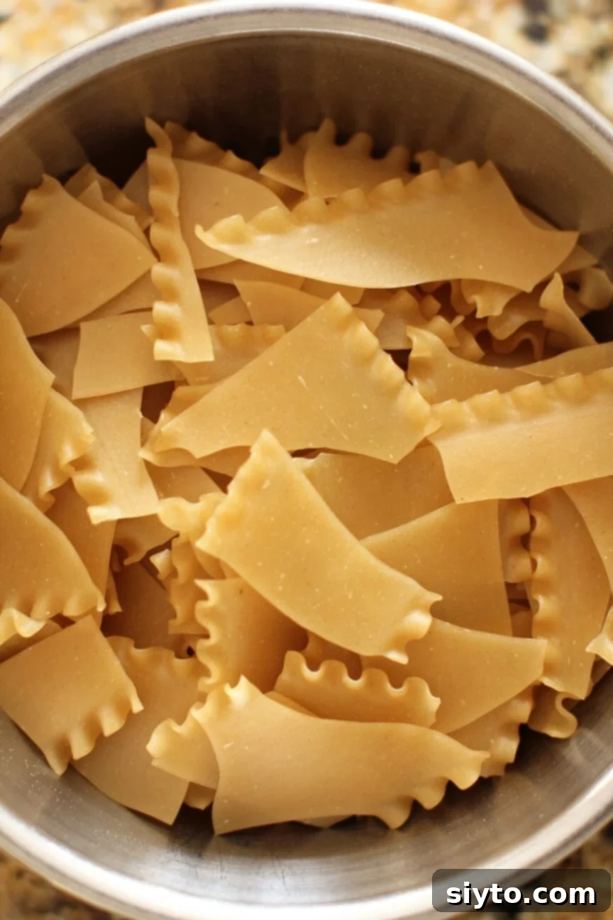 Dry lasagna noodles broken into irregular, bite-sized pieces, ready for cooking.