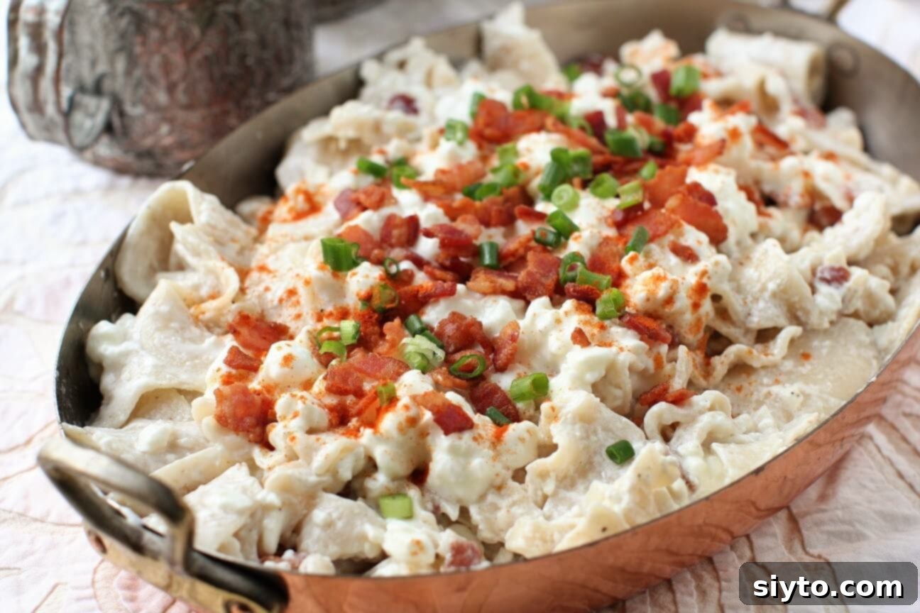 A wide, horizontal view of a generous serving of Túrós Csusza in a rustic bowl, highlighting its comforting appeal.