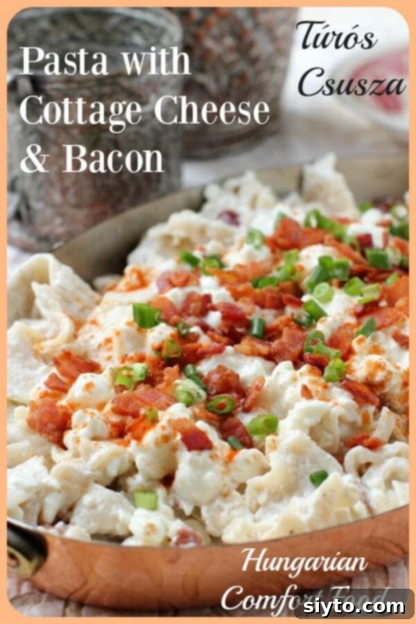 A Pinterest-friendly vertical banner image of Túrós Csusza with a title, ideal for sharing on social media.