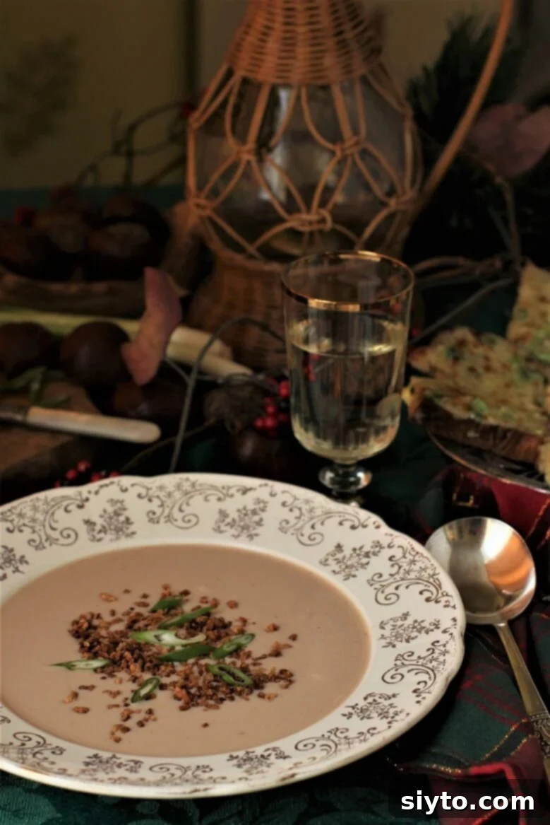 a bowl of chestnut soup against a dark background