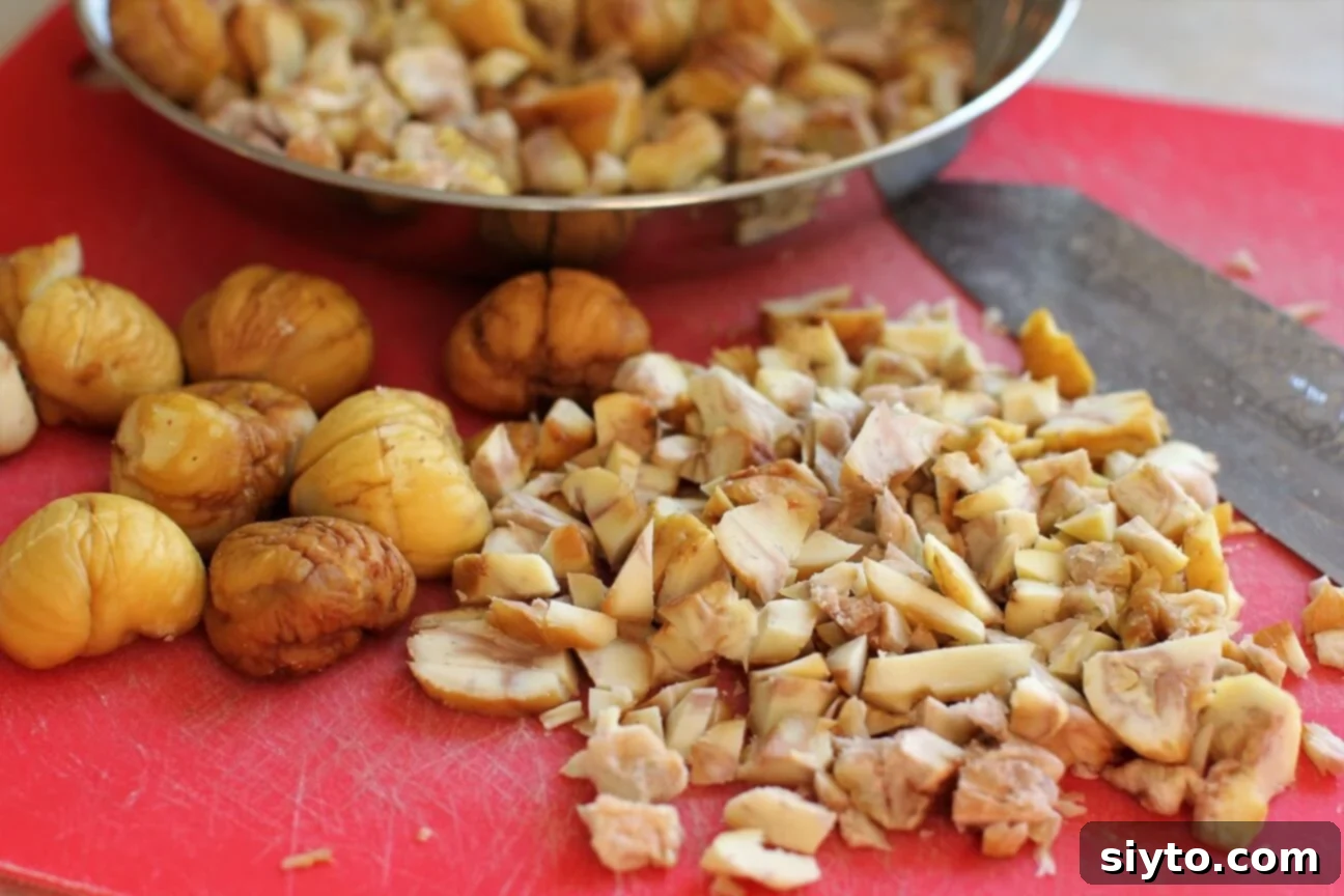 chopping up the peeled chestnuts