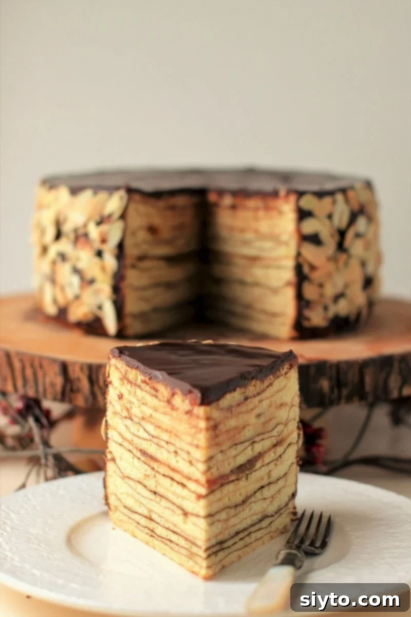 a simple elegant slice of Baumkuchen in front of the cake on a stand