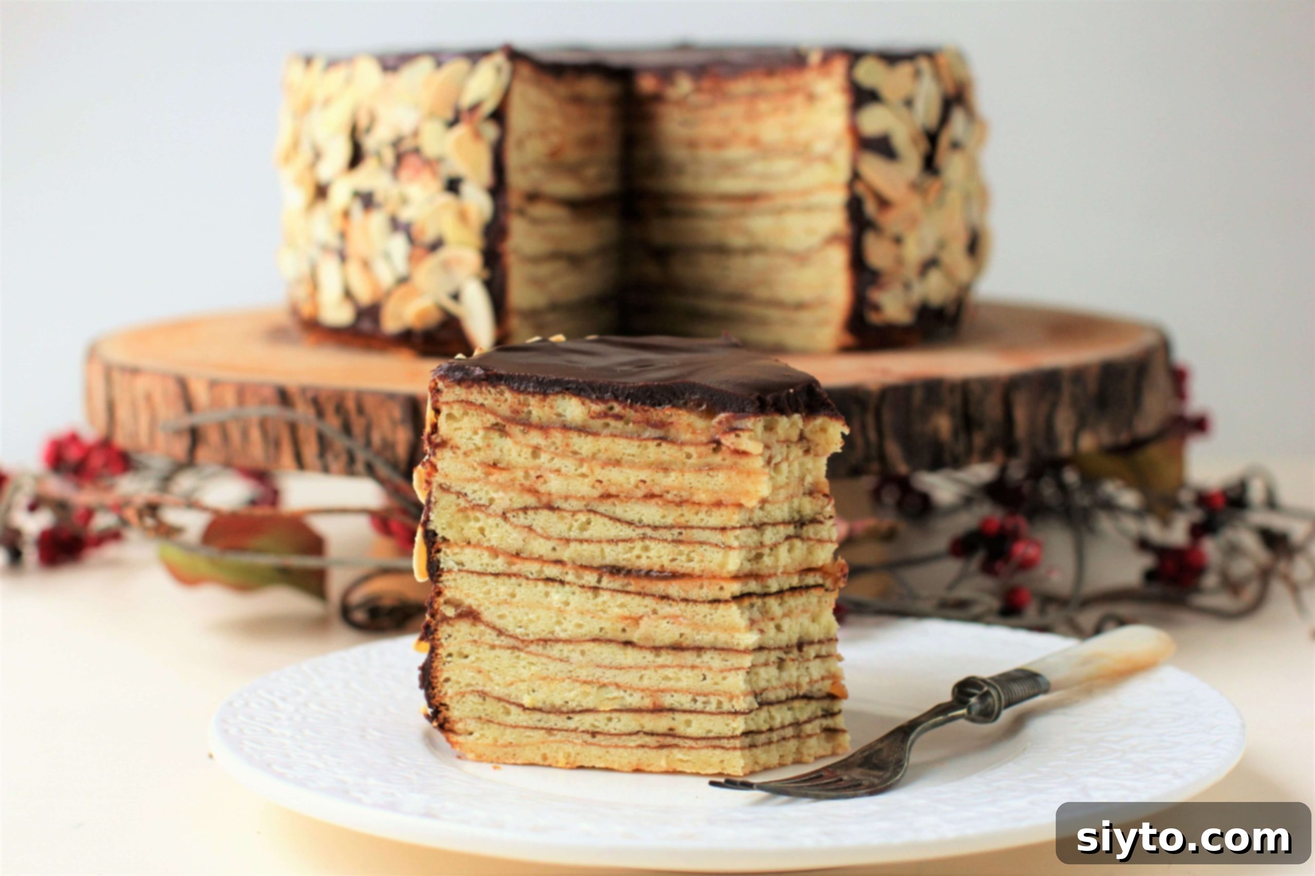 a slice of baumkuchen in front of the cake