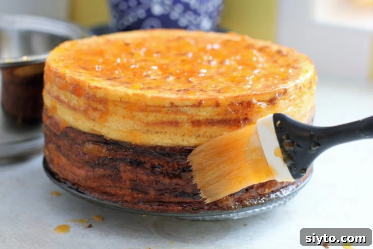 spreading jam on the cake with a pastry brush