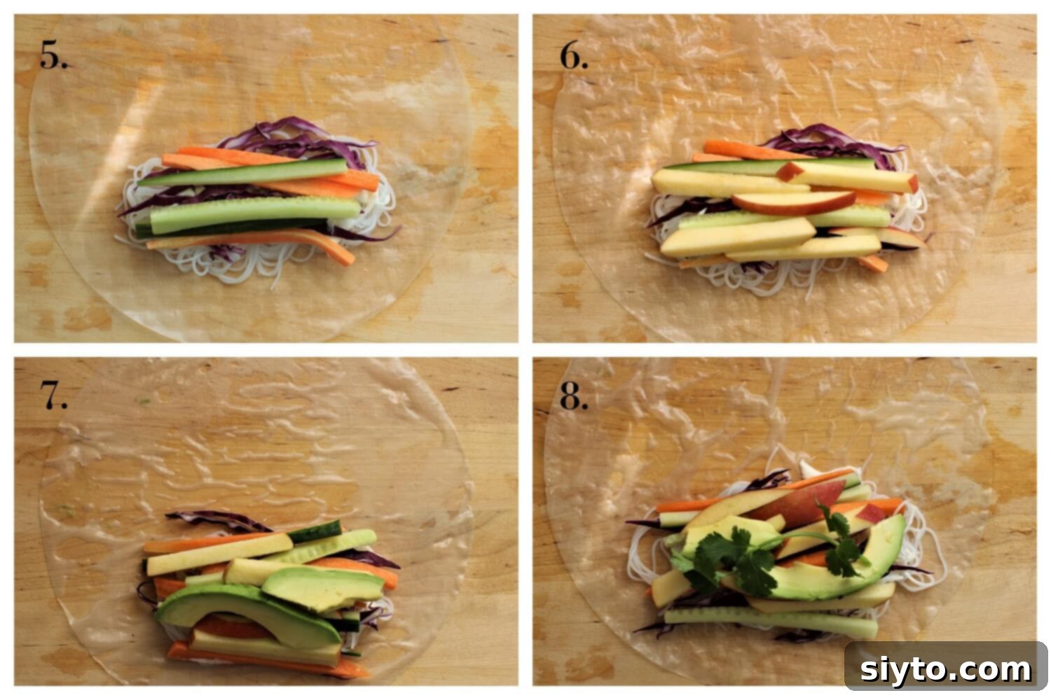 A four-panel image illustrating the middle steps of summer roll assembly: 5. cucumber strips, 6. apple sticks, 7. avocado slices, and 8. a sprig of cilantro.