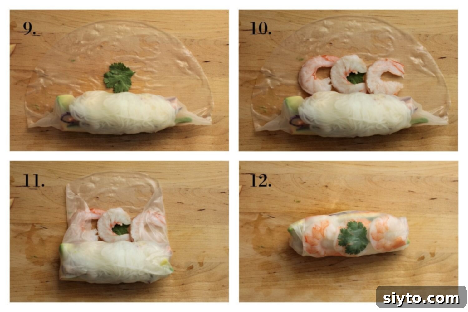 A four-panel image detailing the final steps of summer roll assembly: 9. placing a cilantro leaf, 10. arranging three shrimp halves, 11. tucking in the sides, and 12. completing the tight roll.