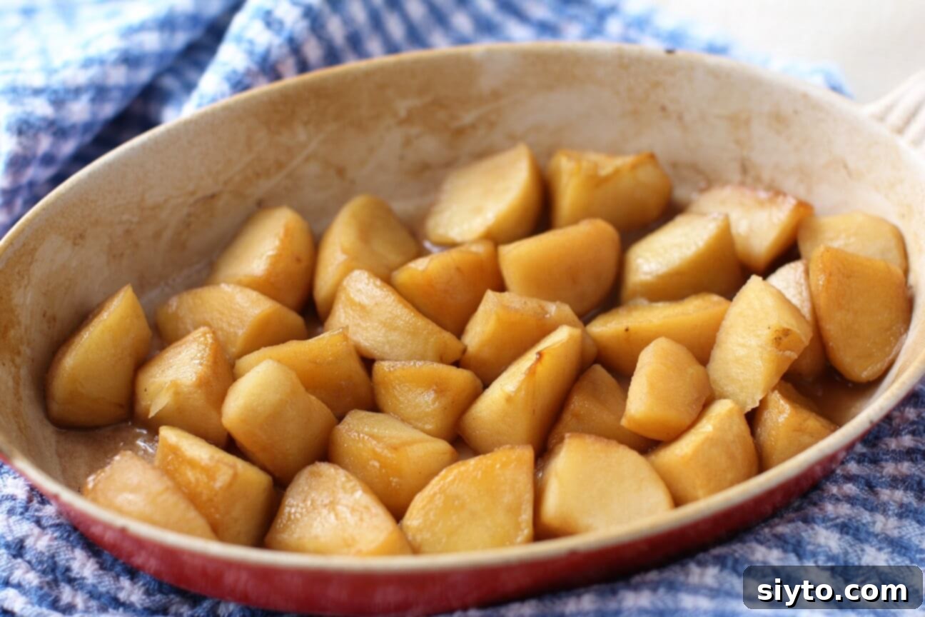 A small, rustic dish filled with tender, glistening chunks of roasted apples, bathed in a light, golden sauce, ready to be served.