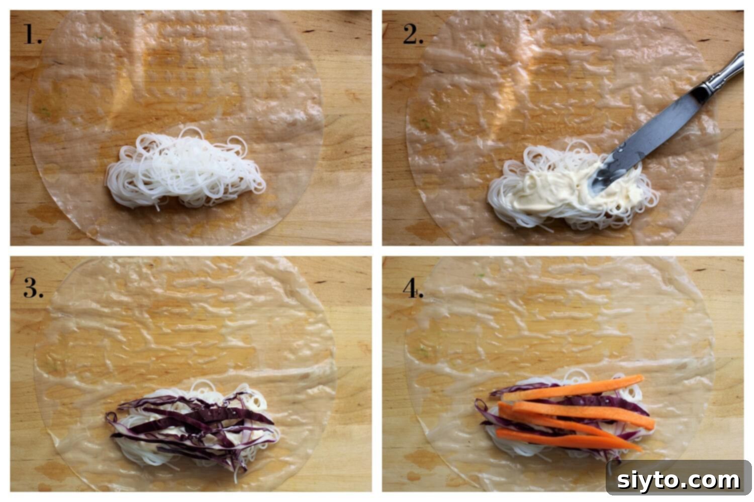 A four-panel image demonstrating the initial steps of assembling a summer roll: 1. rice vermicelli on the wrapper, 2. a smear of mayonnaise, 3. shredded cabbage, and 4. carrot strips.
