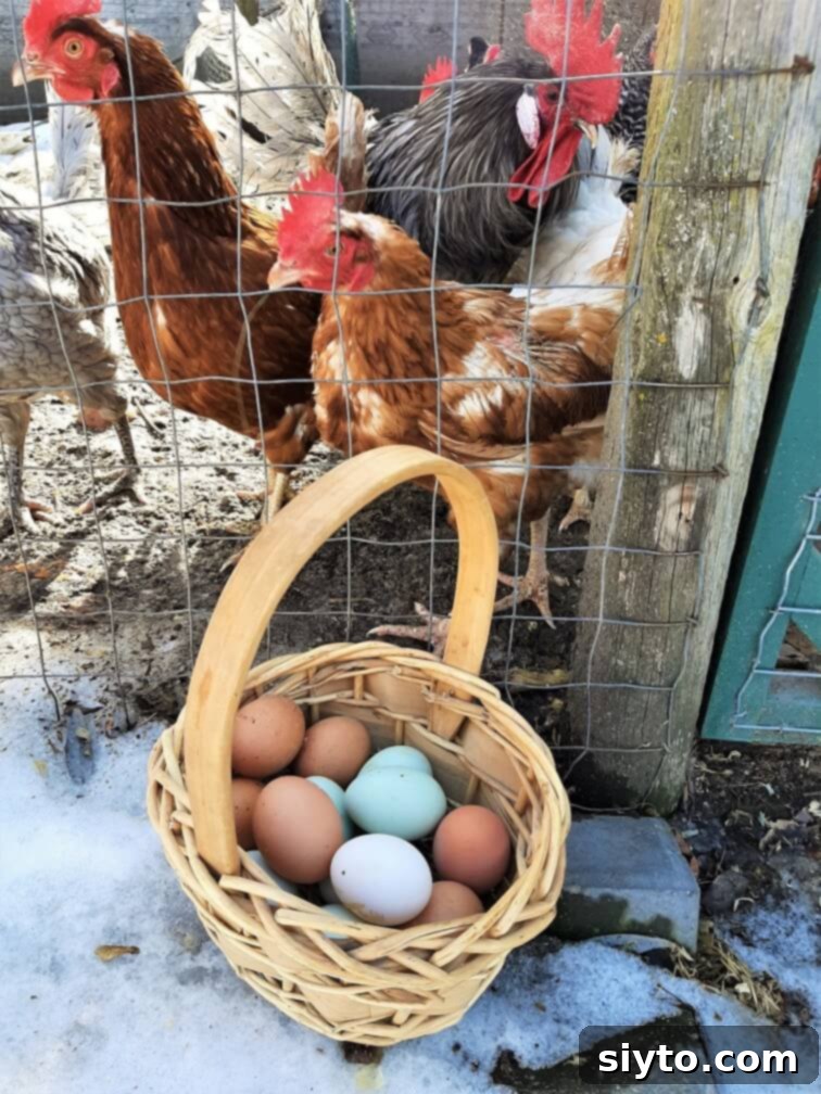 basket of colourful eggs in front of chickens in the coop
