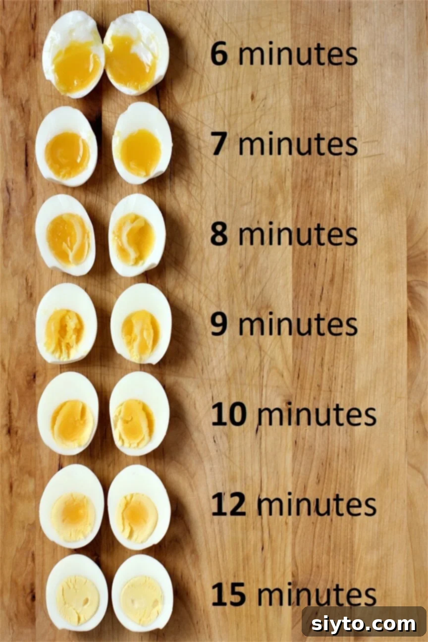 cooked eggs cut in halves to show the insides at different stages of cooking
