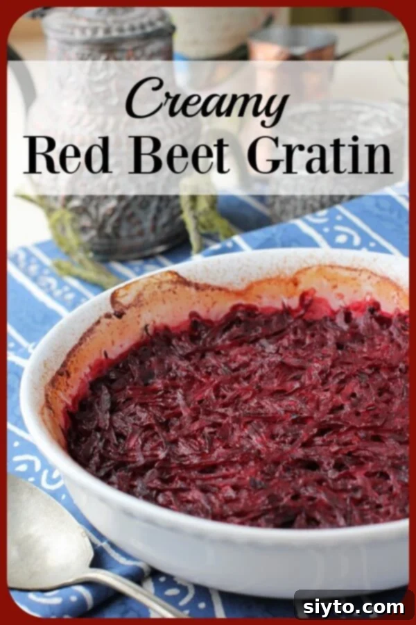 A stunning Pinterest banner featuring the Creamy Ruby Baked Beets Gratin, enticing viewers to click and discover the recipe.