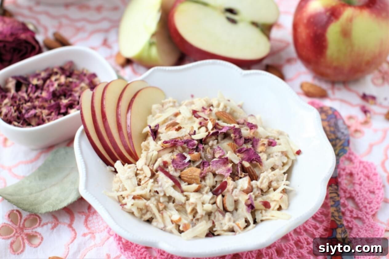 apple bircher muesli ready for breakfast, horizontal