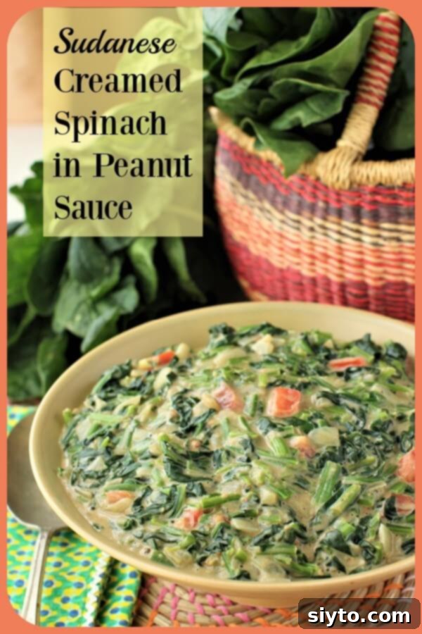 Sudanese spinach in peanut sauce banner, promoting the recipe on Pinterest