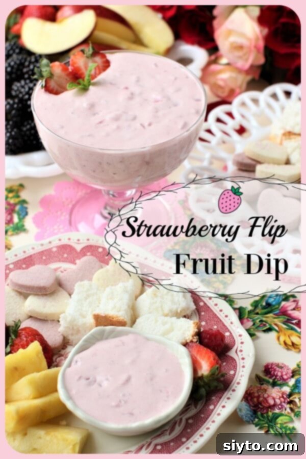 strawberry flip fruit dip banner - fluffy strawberry dip for fruit, cookies, and cake