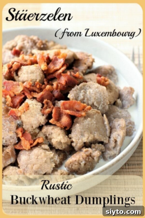 A Pinterest-optimized banner image featuring Stäerzelen buckwheat dumplings, promoting an easy 2-ingredient recipe.